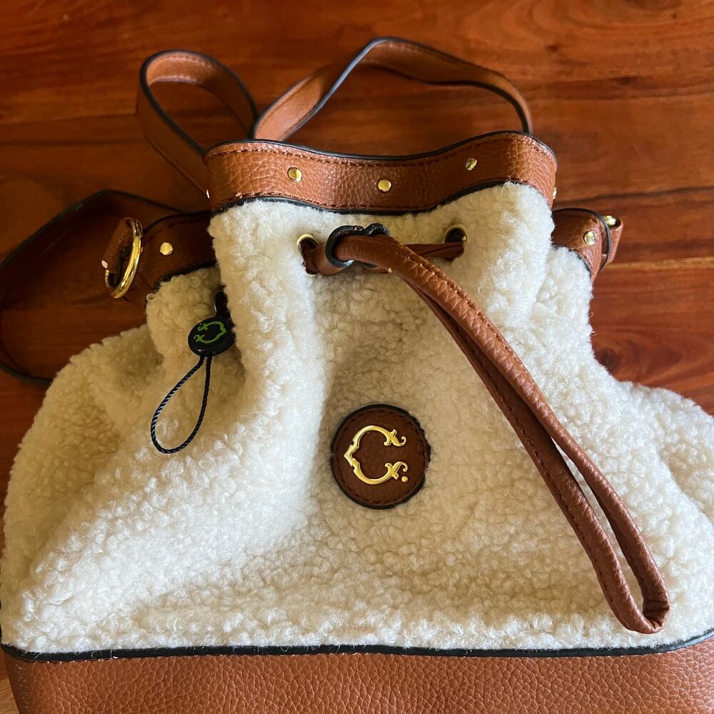 C Wonder Charlotte Sherpa Convertible Backpack Purse Bucket Bag Cognac Brown - Picture 7 of 16